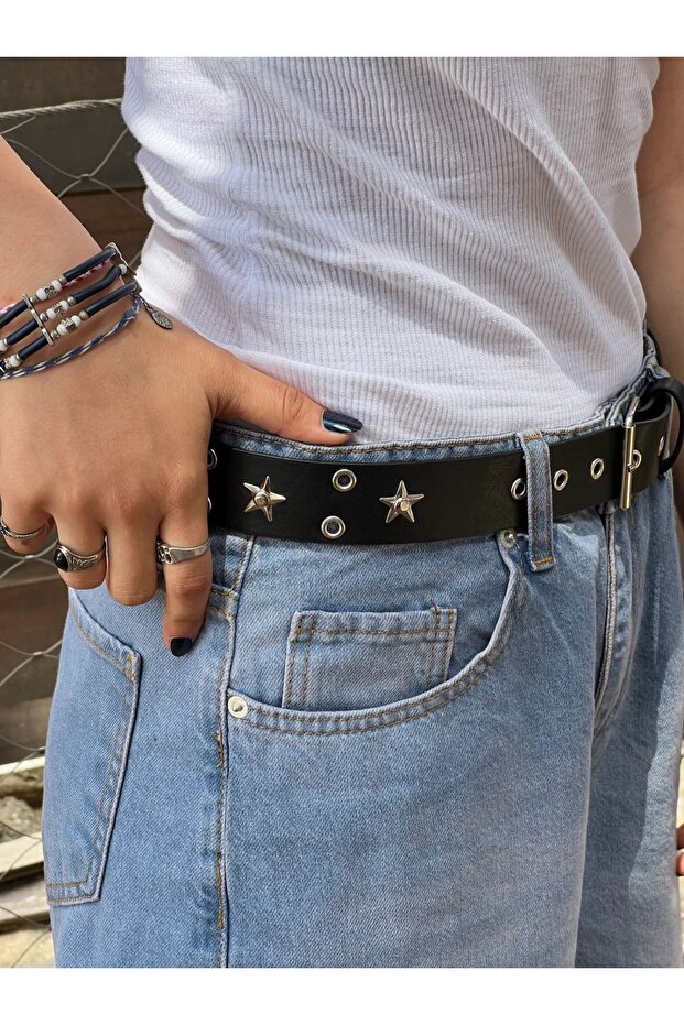 Black Eyelet Belt with Star Detail