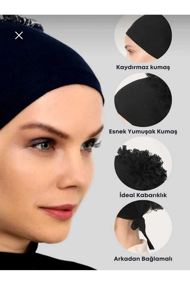 Akvbone 3 Adet Fırfırlı Bone Siyah Günlük Tesettür Giyim Başörtüsü Hazır Türban Eşarp Şal - 2