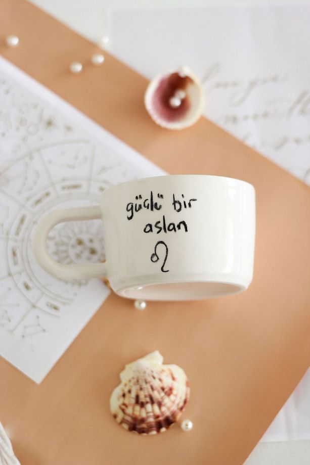 Aslan Burcu Temalı El Yapımı Seramik Kahve Kupası,fincanı Tek Kişilik - 3