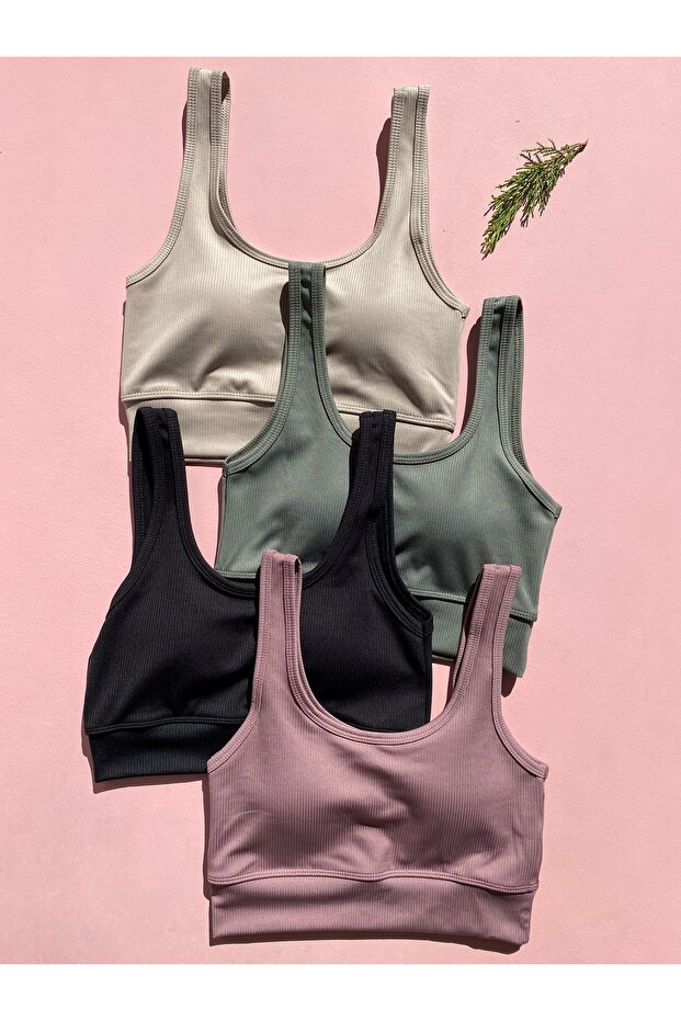 Women's 4 Pieces Corded Fabric Thick Strap Padded Blouse-Half Undershirt (Plum-Black-Green-Taşgri)