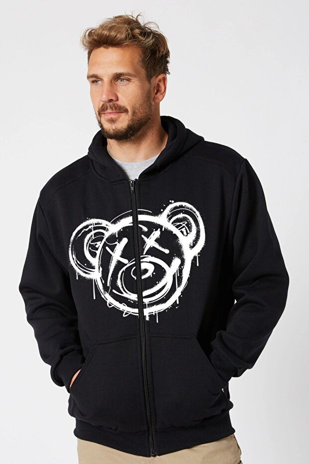 Unisex black cardigan zipper hooded jacket bear drawing design printed cardigan