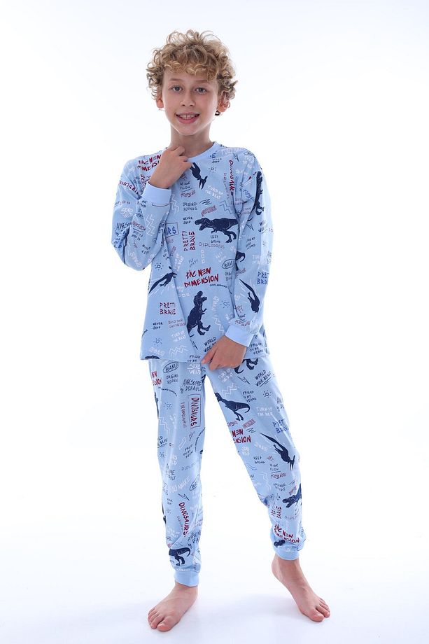 %100 Pamuk T-rex Dinozor Baskılı Uzun Kollu Erkek Çocuk Pijama Takımı (8,9,10,11,12,13 YAŞ) - 3
