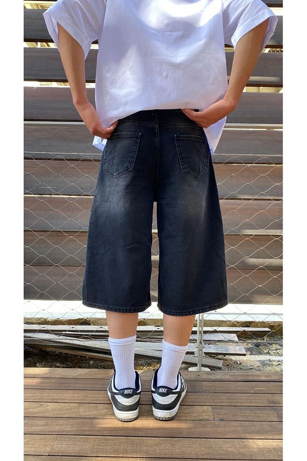 Antrasit Yıkamalı Baggy Jean Şort - 3