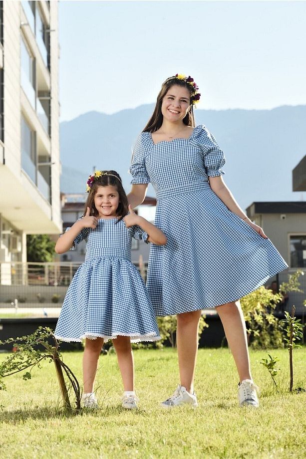 Eylul Elif Butik MAVİ Pitikare Anne Kız Elbise Kombinler (Anne - Çocuk Ayrı Satılmakta) - 1