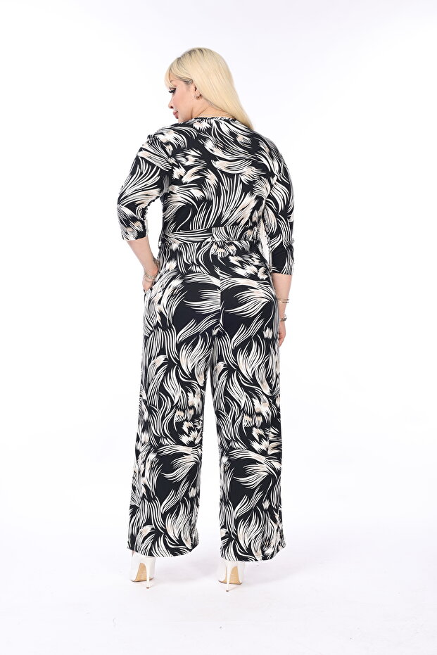 Kruvaze Yaka Desenli Örme Tulum - 4