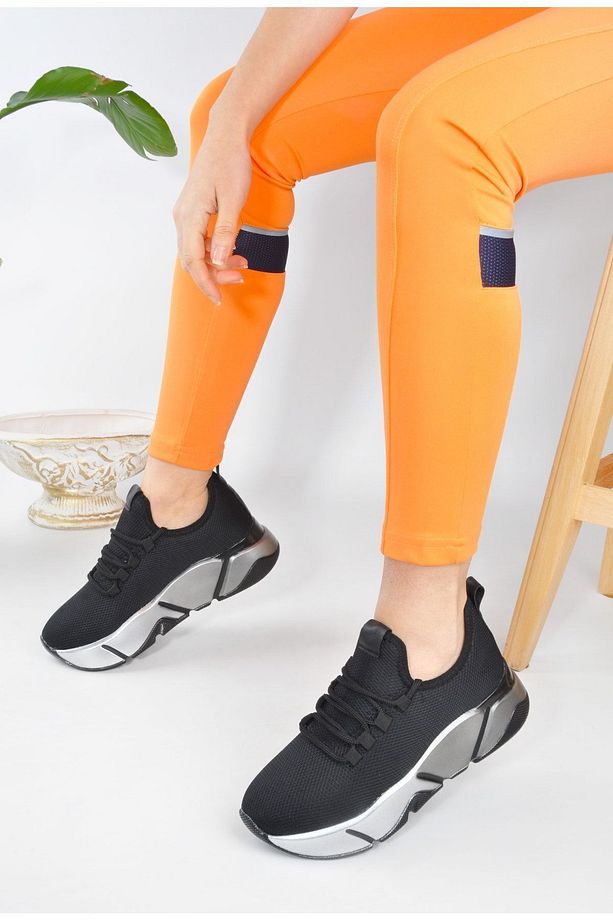 Siyah - Günlük Kadın Sneaker Bağcıklı Triko Esnek Hafif Ve Kalın Taban Yürüyüş Spor Ayakkabı - 6