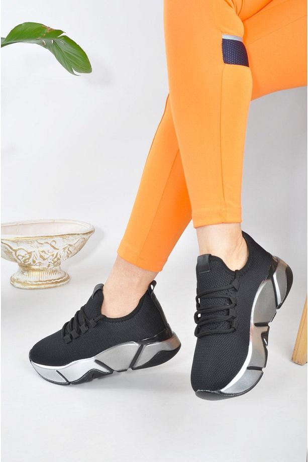 Siyah - Günlük Kadın Sneaker Bağcıklı Triko Esnek Hafif Ve Kalın Taban Yürüyüş Spor Ayakkabı - 7