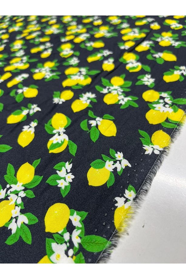 Küçük Limon Desenli Yapraklı Empirme Viskon Kumaş Çift En Metrelik Elbise Etek Giyim Moda Yaz - 5