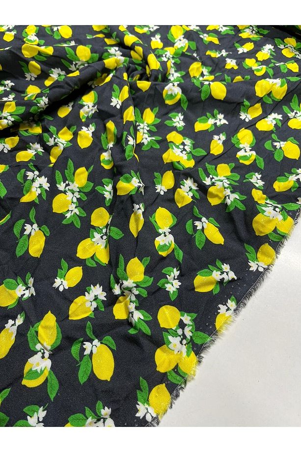 Küçük Limon Desenli Yapraklı Empirme Viskon Kumaş Çift En Metrelik Elbise Etek Giyim Moda Yaz - 1