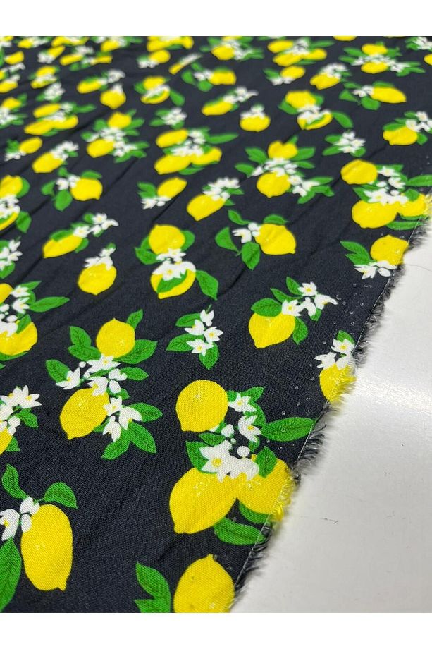 Küçük Limon Desenli Yapraklı Empirme Viskon Kumaş Çift En Metrelik Elbise Etek Giyim Moda Yaz - 2