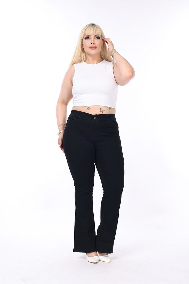 Mavi Yüksek Bel Esnek İspanyol Paça Denim Pantolon - 3