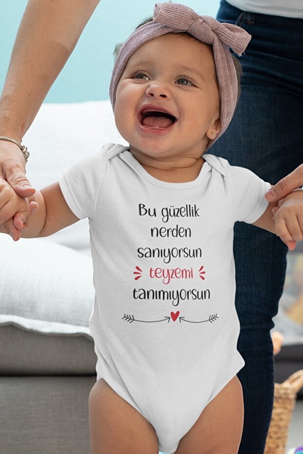 %100 Pamuk Bu Güzellik Nerden Teyze Kısa Kollu Bebek Çıtçıtlı Body Badi Teyze Yazılı Zıbın 5412 - 1