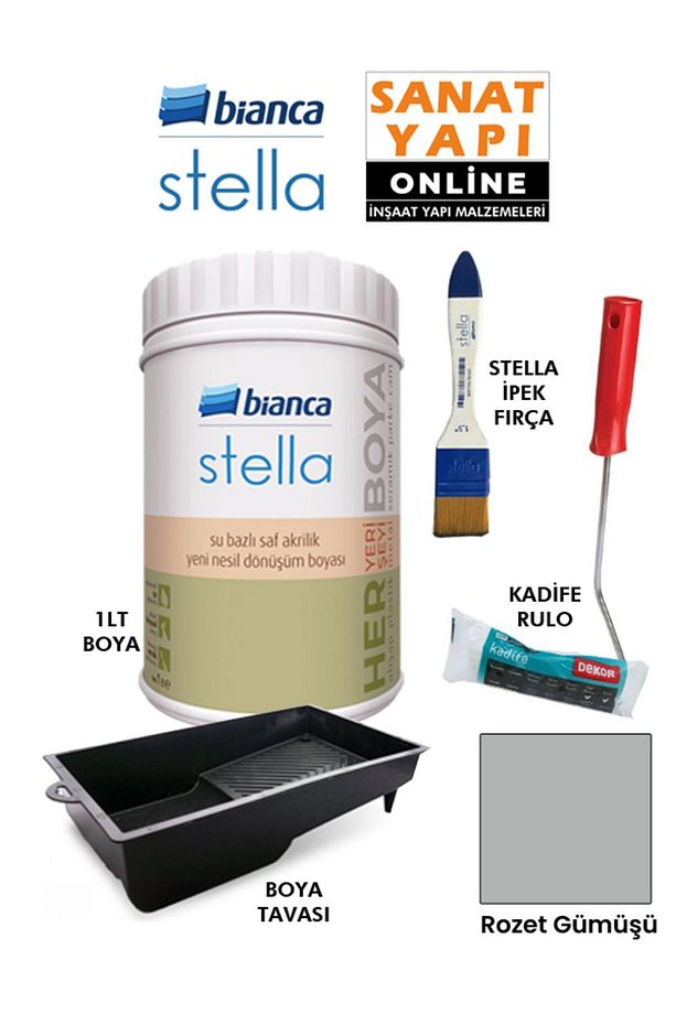 Stella Boya 4 Parçalı Set ( 1Lt Boya - Boya Tavası- Stella İpek Fırça - Kadife Rulo ) - 1