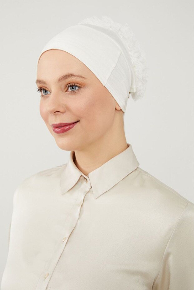 Women's Hijab Magic Adhesive Non-Slip Ruffled Padded Bun Bonnet Ecru
