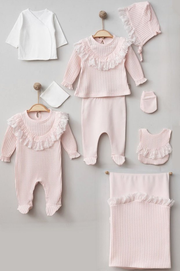 Scalloped Jacquard Pugi Baby Natural Ultra Luxury 10 Piece Hospital Discharge Bodysuit Set