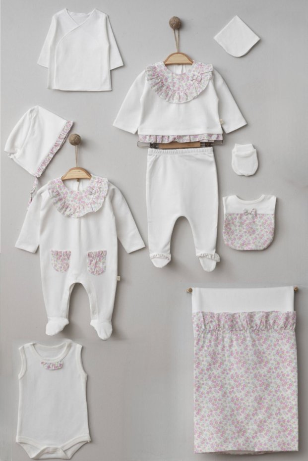 Floral Woven Pugi Baby Ultra-Luxury 100% Cotton Newborn Baby Girl 10-Piece Hospital Discharge Bodysuit Set