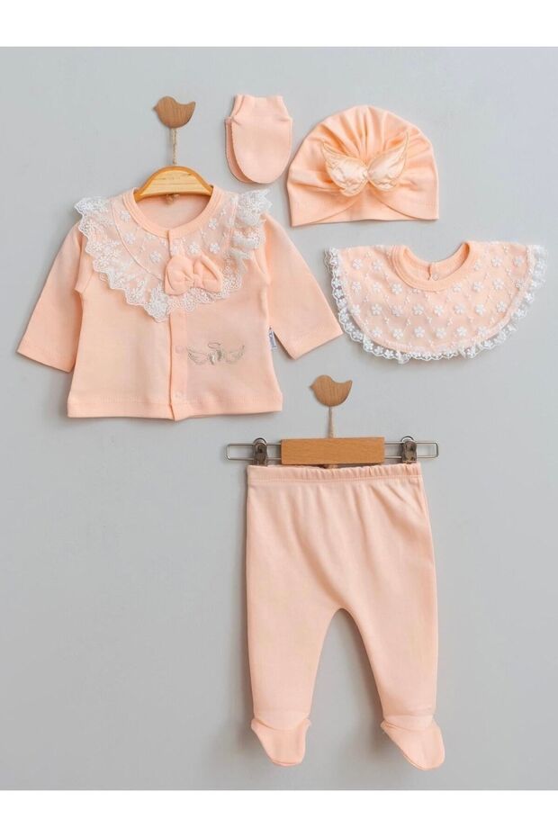 Scalloped Angel Wings 100% Cotton Newborn Baby Girl 5 Piece Hospital Discharge Bodysuit Set