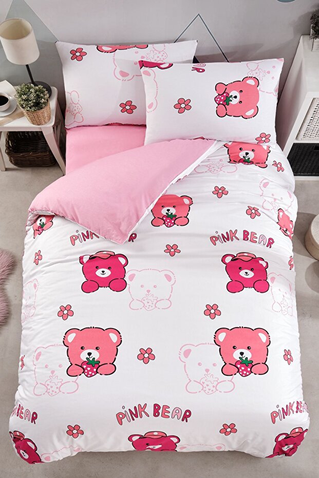 Pink Children's Duvet Cover Set with Elastic Sheet and Teddy Bear