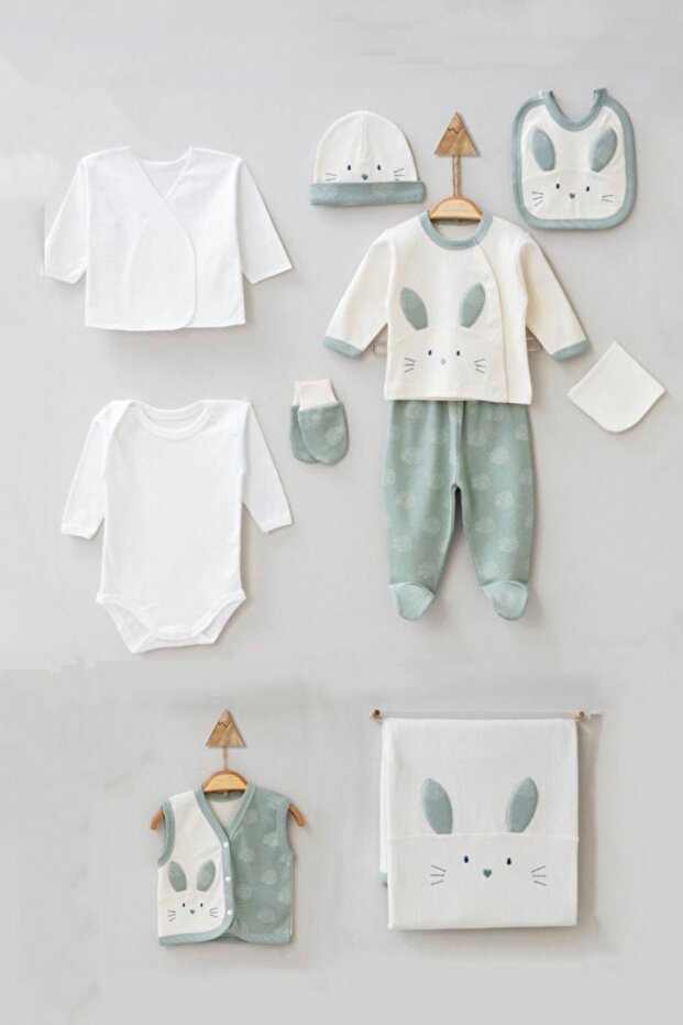 Gaye Bebe 100% Cotton Eared Rabbit Embroidered 10 Piece Hospital Release Bodysuit Set