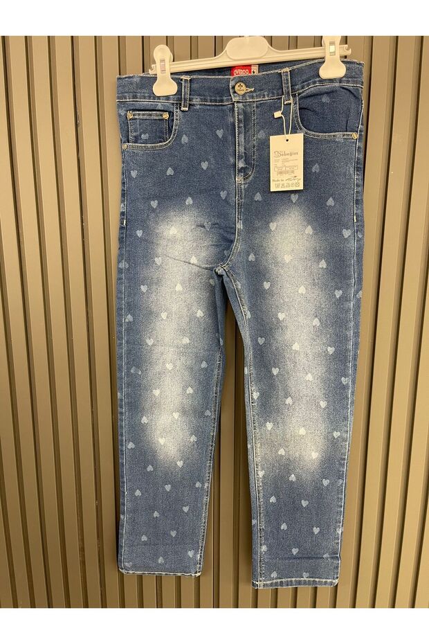OV-7073 KIZ 8-12 YAŞ KALP BASKILI KOT PANTOLON - 1