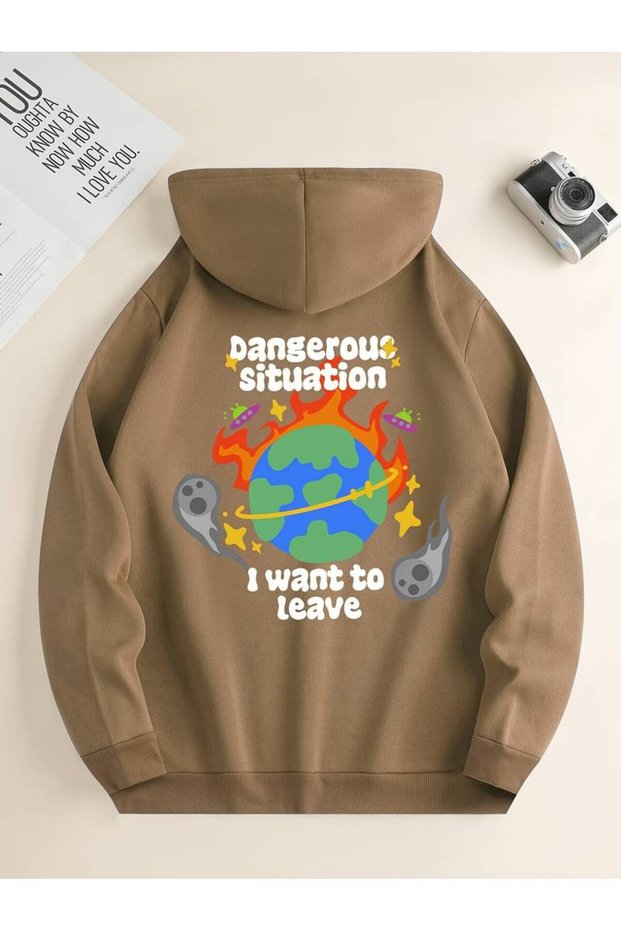 Unisex Dangerous Situation Printed Oversized Winter 3 Thread 100% Cotton K Hooded Sweatshirt Hoodie