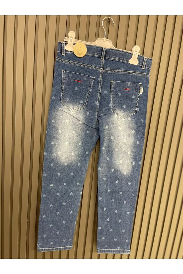 OV-7073 KIZ 8-12 YAŞ KALP BASKILI KOT PANTOLON - 2