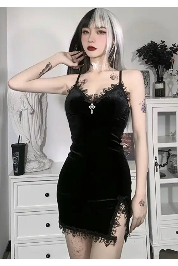 Gothic dress with thin straps and slit with cross