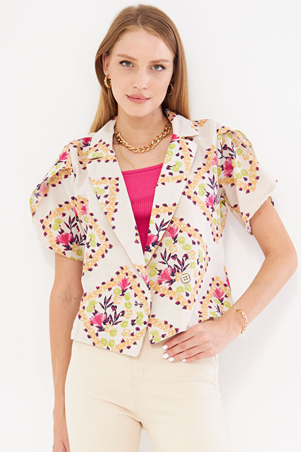 Light Fuchsia Linen Patterned - Slit Short Sleeve Women's Jacket ARM-24Y 001095