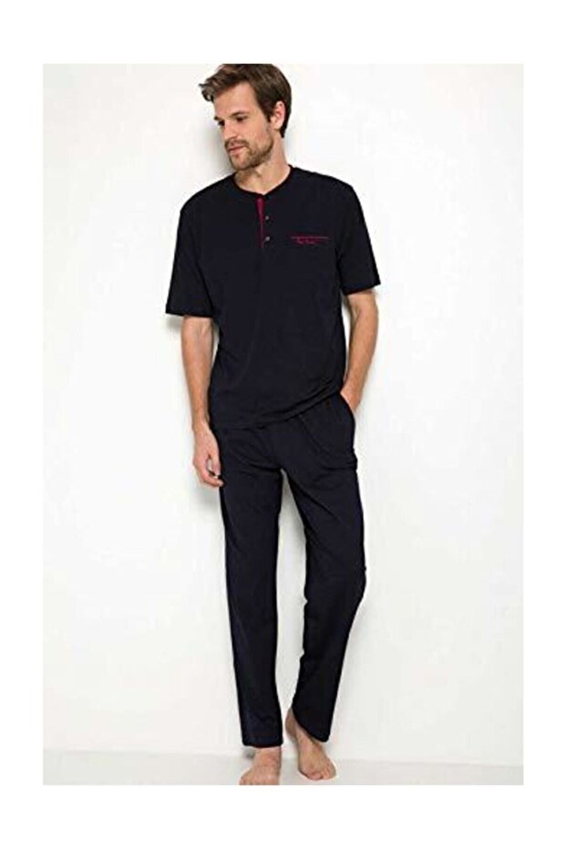 Men's Navy Blue Groom Dowry Set 3-Piece Combed Cotton Pajama Set