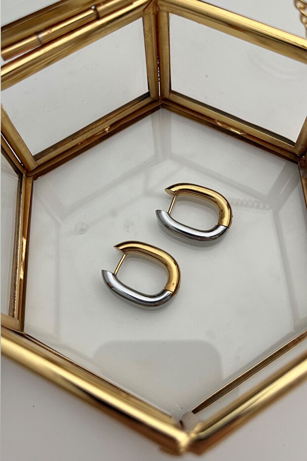 Çelik Iki Renkli Oval Küpe (2CM) - 4