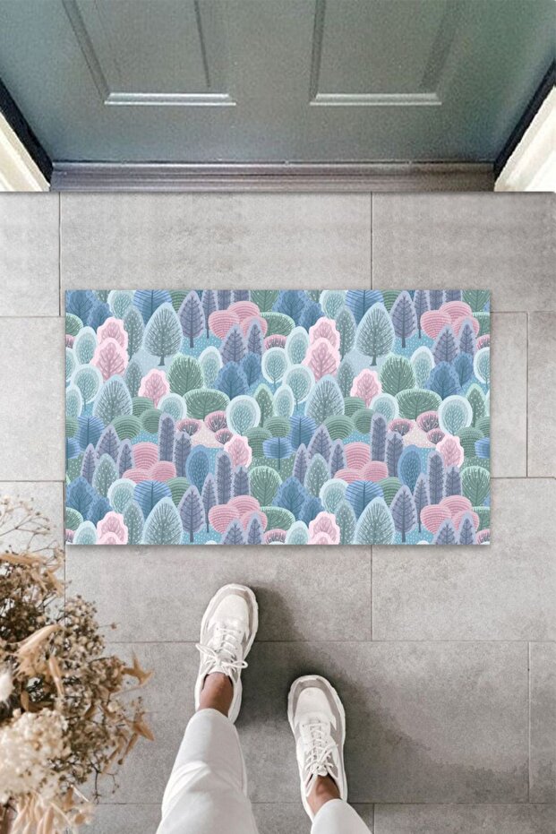 1Multi-Purpose Digital Printed Pink-Blue Small Trees Outdoor and Indoor Door Mat