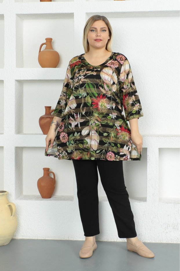 Women's Elegant Silvery Floral Striped V-neck Large Size Comfortable Fit Stylish Viscose Blouse