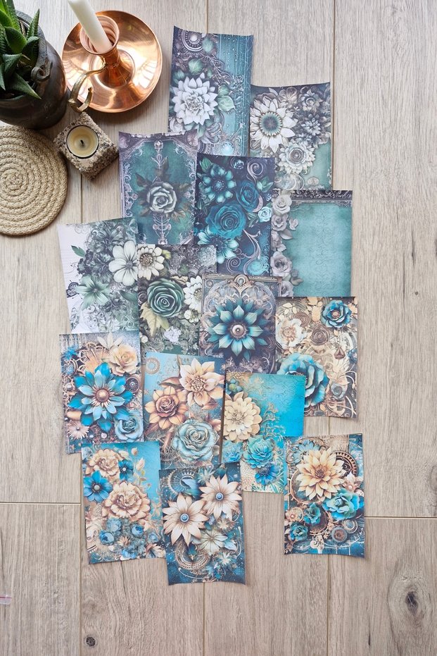 15 Pieces of Antique Vintage Emerald Green Themed Scrapbook Paper Set Bullet Journal Decoupage Paper Flower
