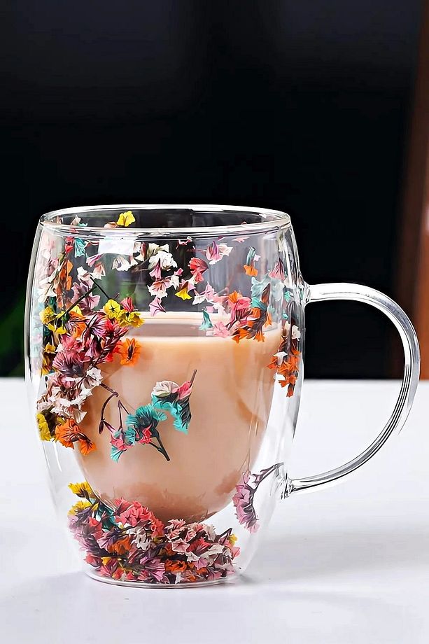 2'li Çift Cidarlı Flower Cup 350ml Çiçekli Bardak Kahve Çay Bardağı El Yapımı Kulplu Cam Bardak Set - 5