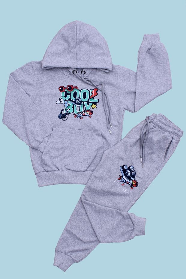 Printed Detailed Pocketed Boys' Hooded Tracksuit Set