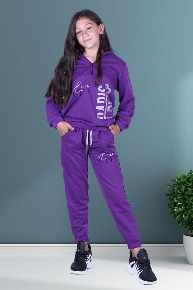 Love City Printed Zippered Girl's Hooded Double Pocket Purple Tracksuit Set