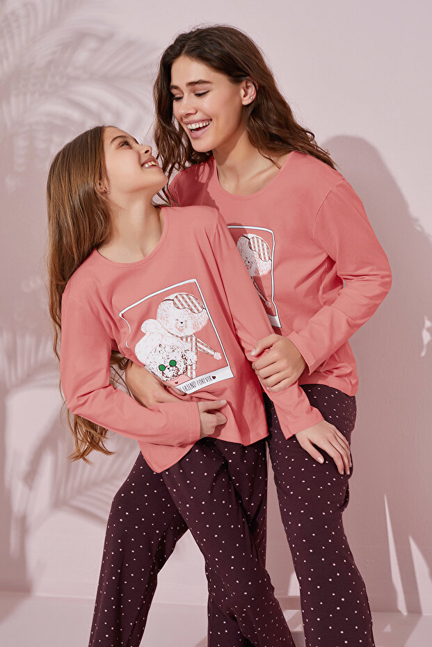 Dark Salmon Printed Cotton Knitted Pajama Set 24241103