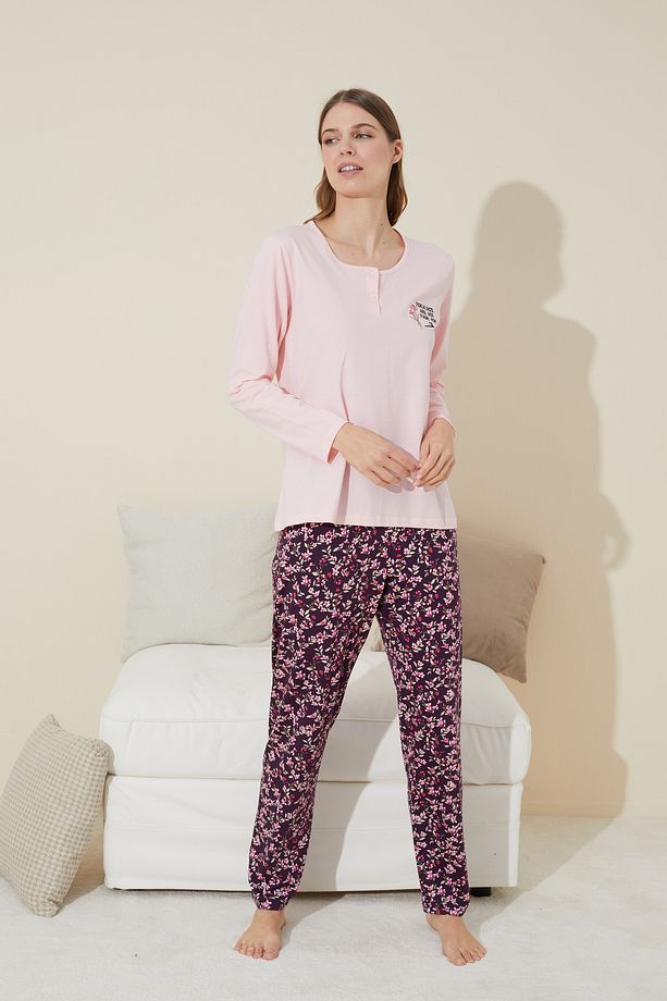 pembe Nakışlı düğmeli Pamuklu Örme Pijama Takım 24240110 - 2