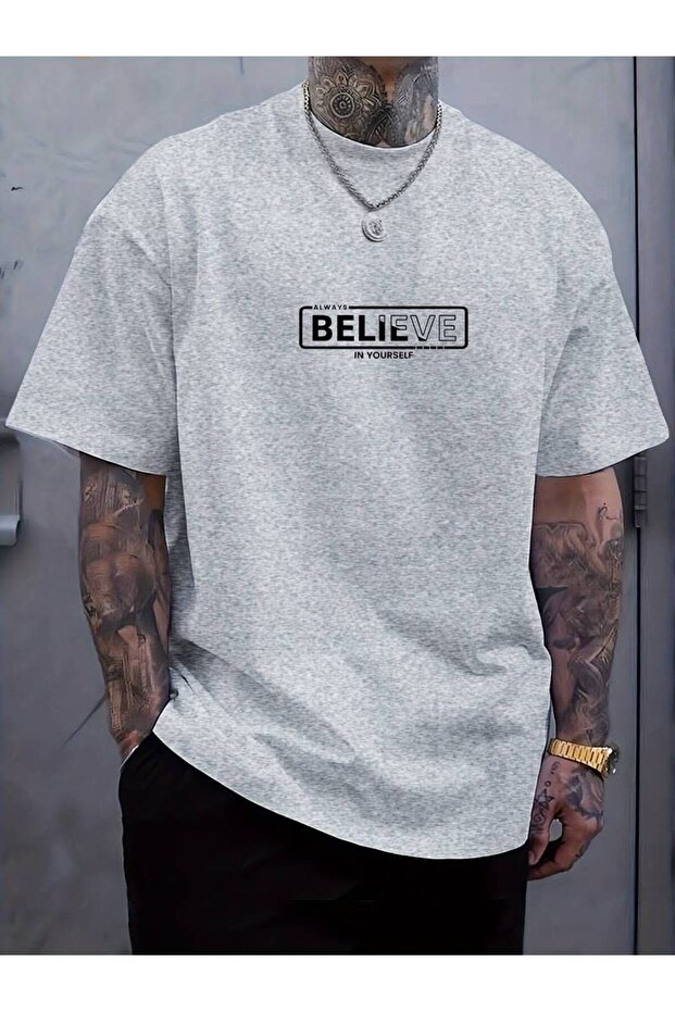 تي شيرت رجالي باللون الرمادي - Believe Always كبير الحجم
