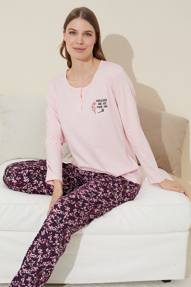 pembe Nakışlı düğmeli Pamuklu Örme Pijama Takım 24240110 - 1