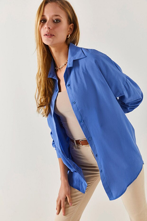 Women's Open Cobalt Blue Oversize Long Basic Shirt Arm-22y001118
