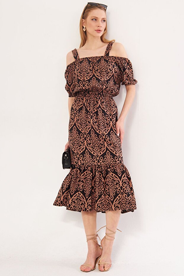 Women's Mink Checked Floral Patterned Strap Elastic Waist Dress ARM-21K001202