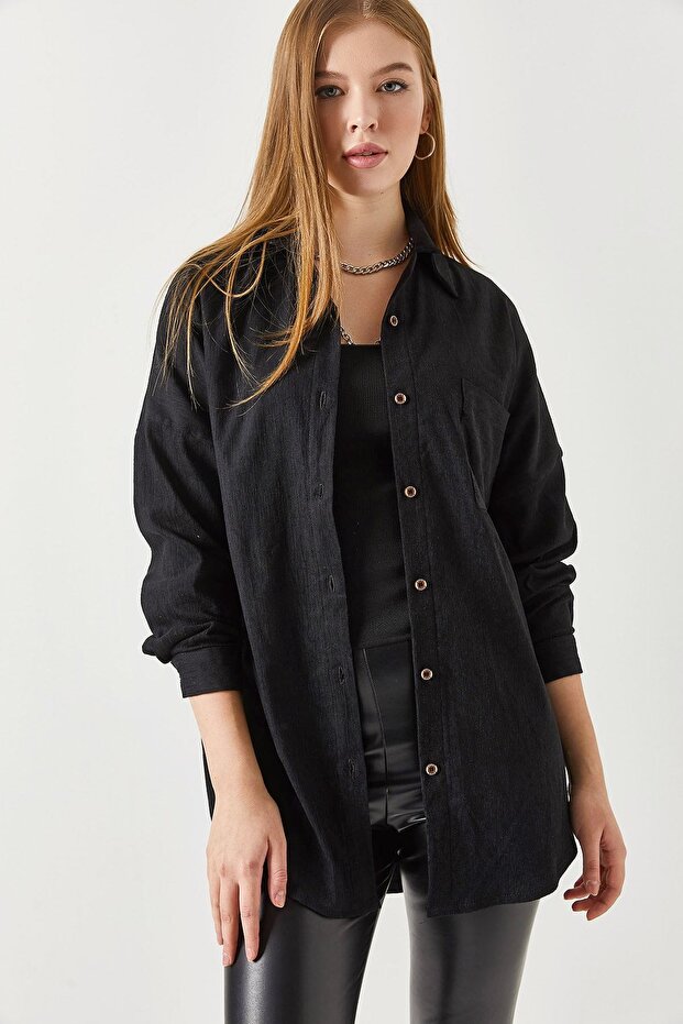Kadın Siyah Cepli Oversize Kadife Uzun Basic Gömlek ARM-22Y001193 - 2