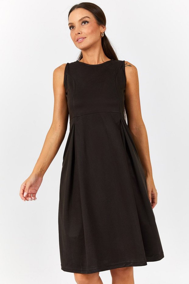 Women's Dark Brown Sleeveless Pocket Midi Dress Arm-19Y001023