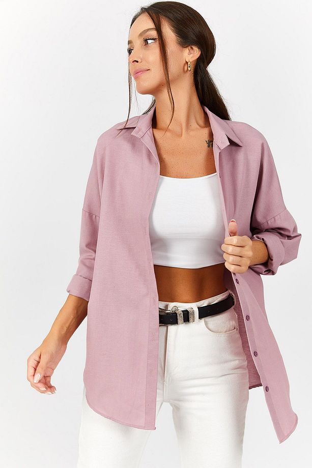 Kadın Pembe Oversize Uzun Basic Gömlek Arm-22y001118 - 3