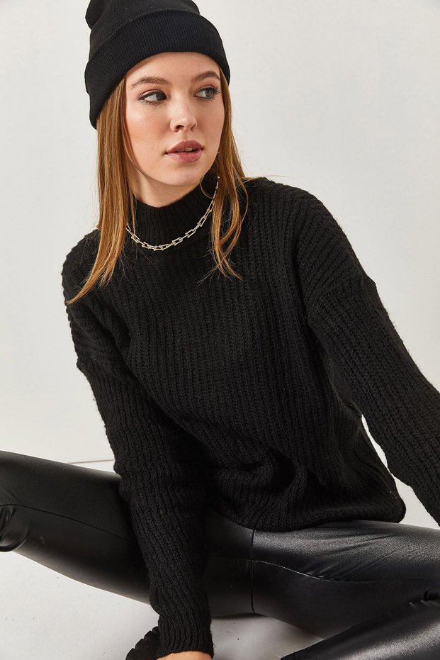 Women's Black High Collar Thessaloniki Knitted Knitwear Sweater ARM-22Y012024