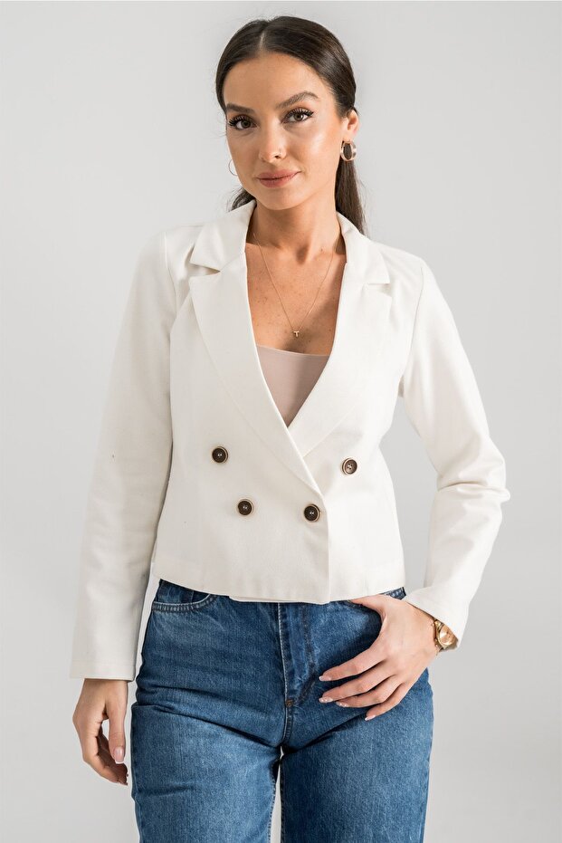 Women's Ecru Double Breasted Collar Gabardine Crop Jacket ARM-24Y001010