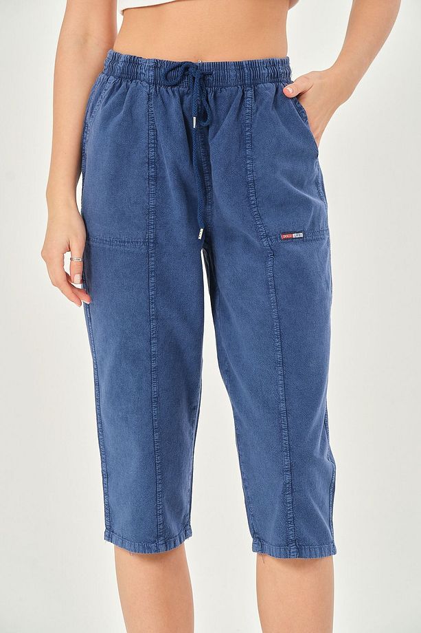 Bağcıklı Oversize Uzun Unisex Bermuda Şort Ham Bez Pamuklu Keten Kapri Şort - 7
