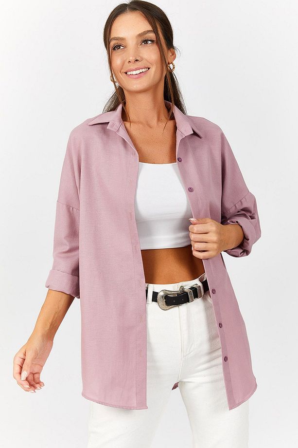 Kadın Pembe Oversize Uzun Basic Gömlek Arm-22y001118 - 1
