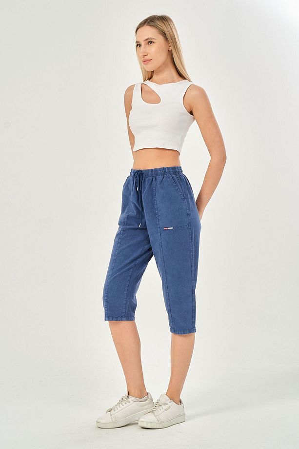 Bağcıklı Oversize Uzun Unisex Bermuda Şort Ham Bez Pamuklu Keten Kapri Şort - 1